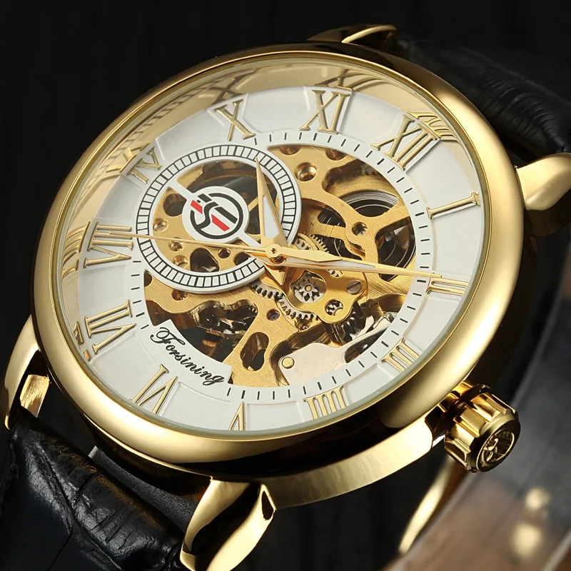 2019 Forsining prekės ženklas Tuščiaviduris graviravimas Juodo aukso dėklas Odinis skeletas Mechaninis verslo laikrodis Vyrai Prabangus prekės ženklas Heren Horloge