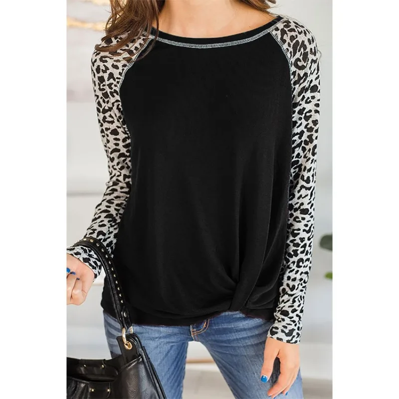 2023 Leopardo marškinėliai ilgomis rankovėmis Hem Kink Top Autumn O Necke Women Casual Tops Palaidinė ilgomis rankovėmis Moteriška palaidinė Džemperiai su gobtuvu