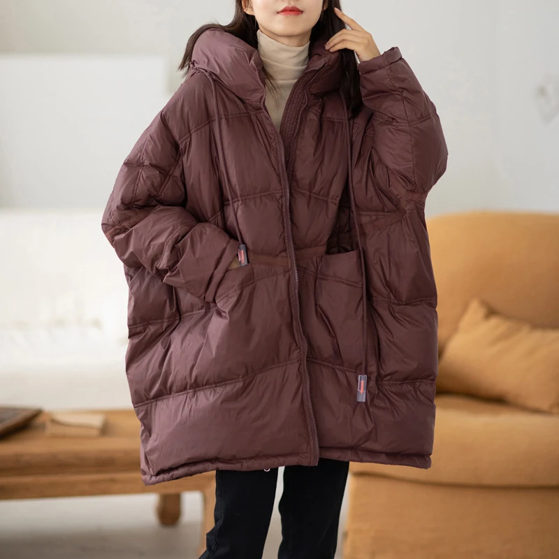 2023 Naujas žiemos šiltas moteriškas plunksnų parkas moterys laisvas ilgas oversized puffer striukė su gobtuvu 90% baltas anties pūkinis paltas