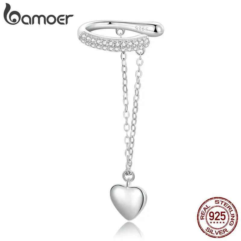 Bamoer Real 925 Sterling Silver Simple Love Ear Cuff for Female Fashion Studs Ear Matching Bridal Wedding Gifts Fine Jewelry