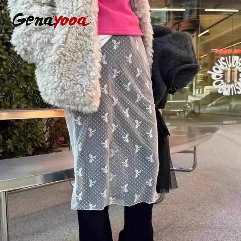 Genayooa Y2k Vintažiniai marškinėliai Moterys mato per sijoną Moterys Suvarstomos plonos nėrinių kolokacijos Korėjos mados gėlių ponios sijonai