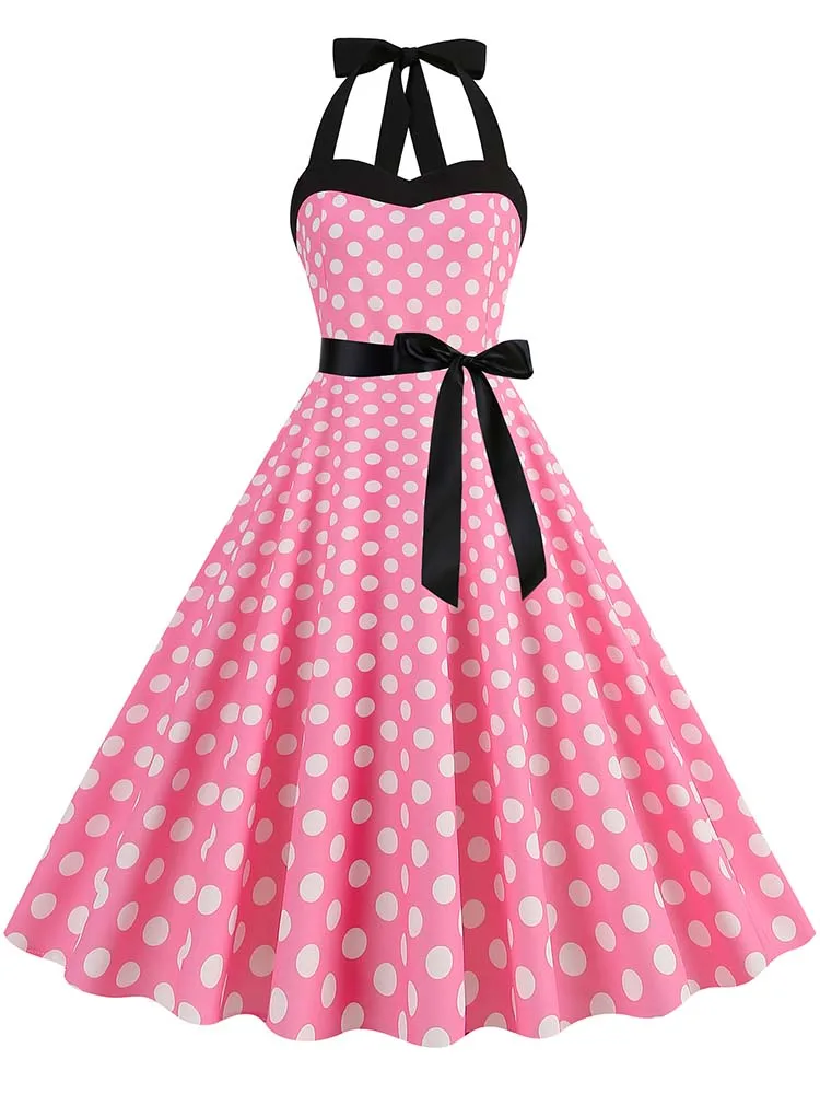 Halter Pinup Vintage Dress 50s 60s Women Pink Polka Dot Casual Swing Summer Party suknelės su diržu