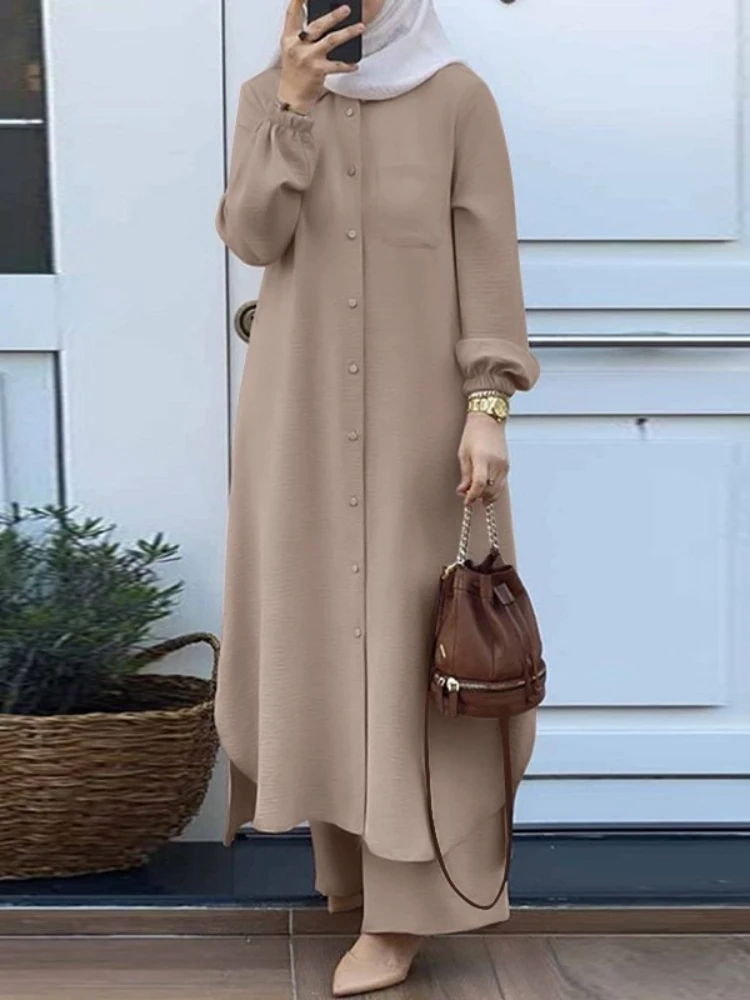 Laisvalaikio musulmoniška suknelė moterims Palaidinė 2 dalių komplektas marškinių ilgomis rankovėmis kelnės kostiumai Saudo Arabijos 