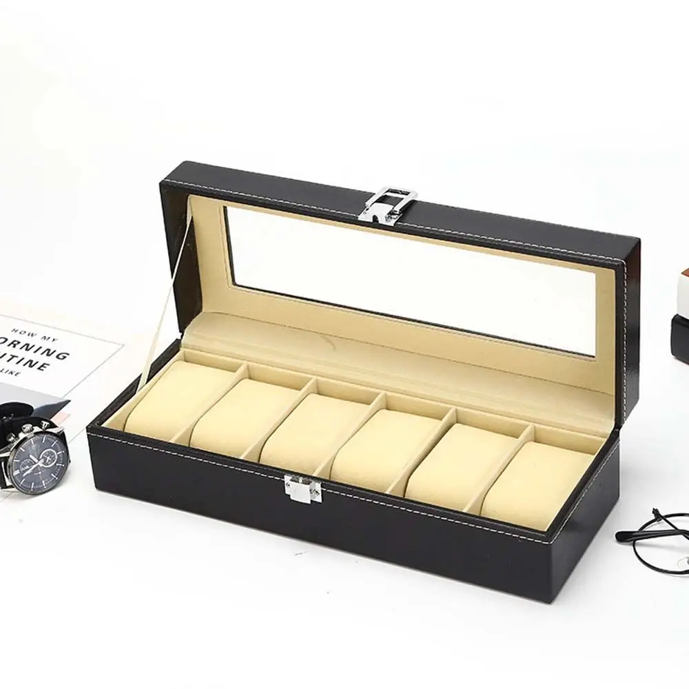 Moterys stačiakampis PU oda su lango 6 lizdais Kvadratinė laikrodžių laikymo dėžutė PU odinė laikrodžių dėžutė Laikymo dėklas Rodyti papuošalų dėžutę