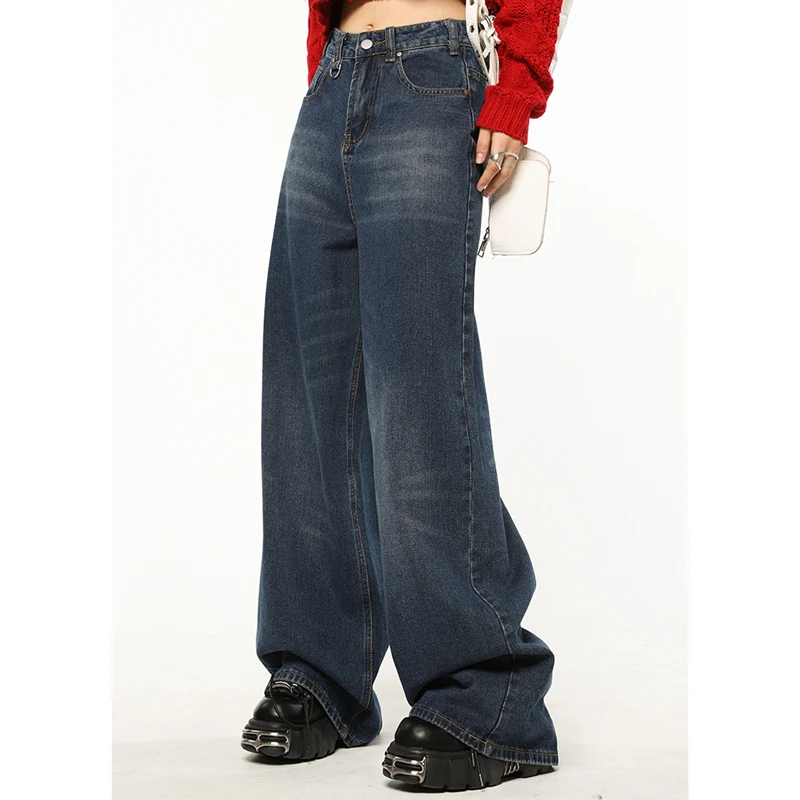 Mėlyni moteriški džinsai Aukštu juosmeniu Vintažinės laisvos džinsinės kelnės Gatvės apranga Amerikietiško stiliaus mada Oversize Moteriškos plačios kojos džinsinės kelnės