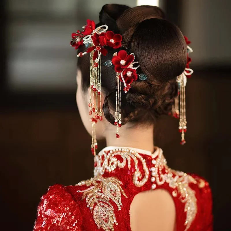 Nauja nuotaka vestuvinis raudonas gėlėtas galvos apdangalas paprasti atmosferiniai raudono aksomo plaukų aksesuarai