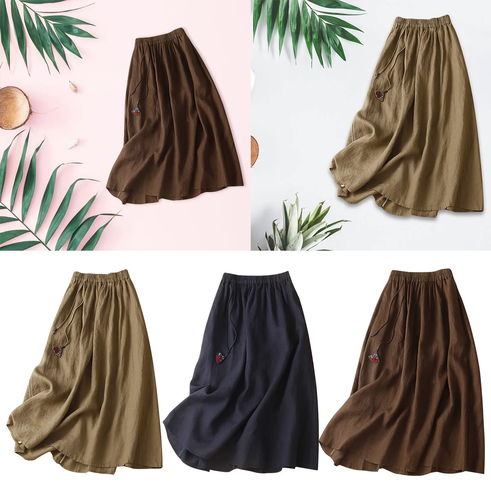 Nauji Cottton Lininiai sijonai Moterys Elastinis juosmuo Harajuku Faldas Tvirtas didelis sūpynės Kvėpuojantis ilgas sijonas su kišene