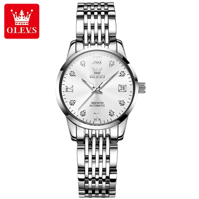OLEVS 6673 White Dial Mens automatinis laikrodis sidabrinė nerūdijančio plieno apyrankė Šviečiantis kalendorius Mechaninis rankinis laikrodis Diamond Wome