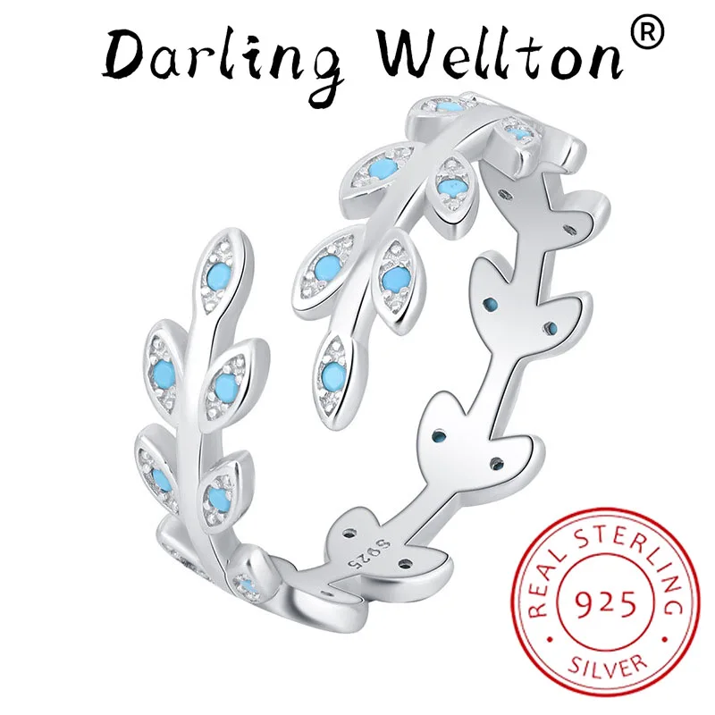 Prabangios mėlynos turkio spalvos lapų šakos atidarymo reguliuojami poros žiedai moterims 100% sterlingų sidabro sužadėtuvių dovanų papuošalai