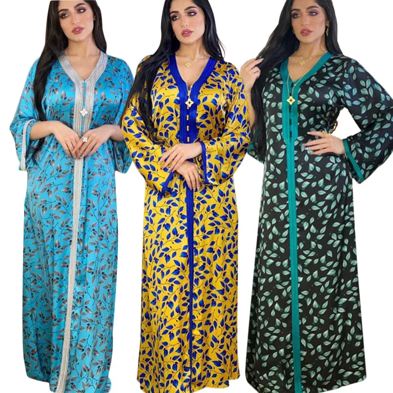 Spausdinta V formos suknelė su dideliu svyravimu Muslim Abaya All Seasons Elegance Party Ilgos suknelės moterims V-neck Print Sijonai Kaftan