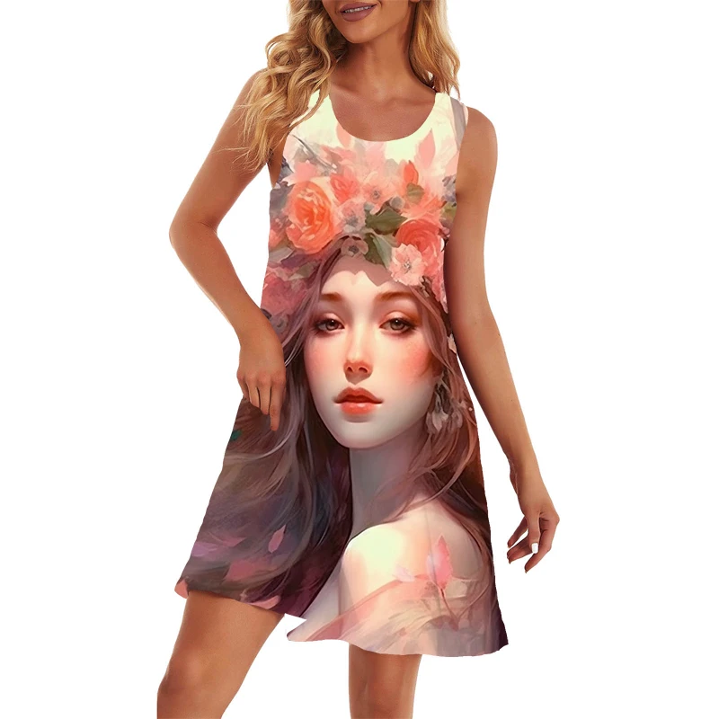 Summer 3D Portrait Printed Graphical Mini Dress Street Casual Sexy Women's Suspender Dress Fashion Versatile Slim Dress
