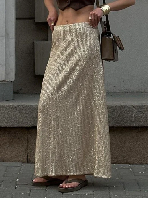 Summer Elegant Midi Sequins Moteriškas sijonas 2023 Laisvalaikio sijonai Ilgos mados moteriški drabužiai Gatvės drabužiai Klasikinis sijonas