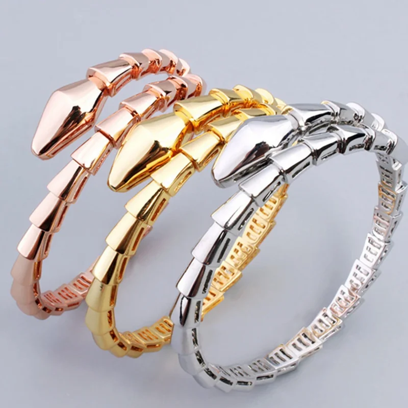 Top Fashion No CZ Smooth Head Tail Elastic Hoop Slim Snake Shape Bangle Branklet Women Luxury Designer Gold covered Jewelry