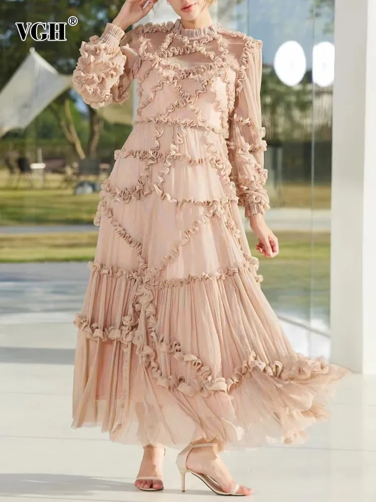 VGH kietas margas raukinys elegantiška suknelė moterims stovinčios apykaklės ilgomis rankovėmis aukšto juosmens sujungtos tinklinės temperamento suknelės moteriškos