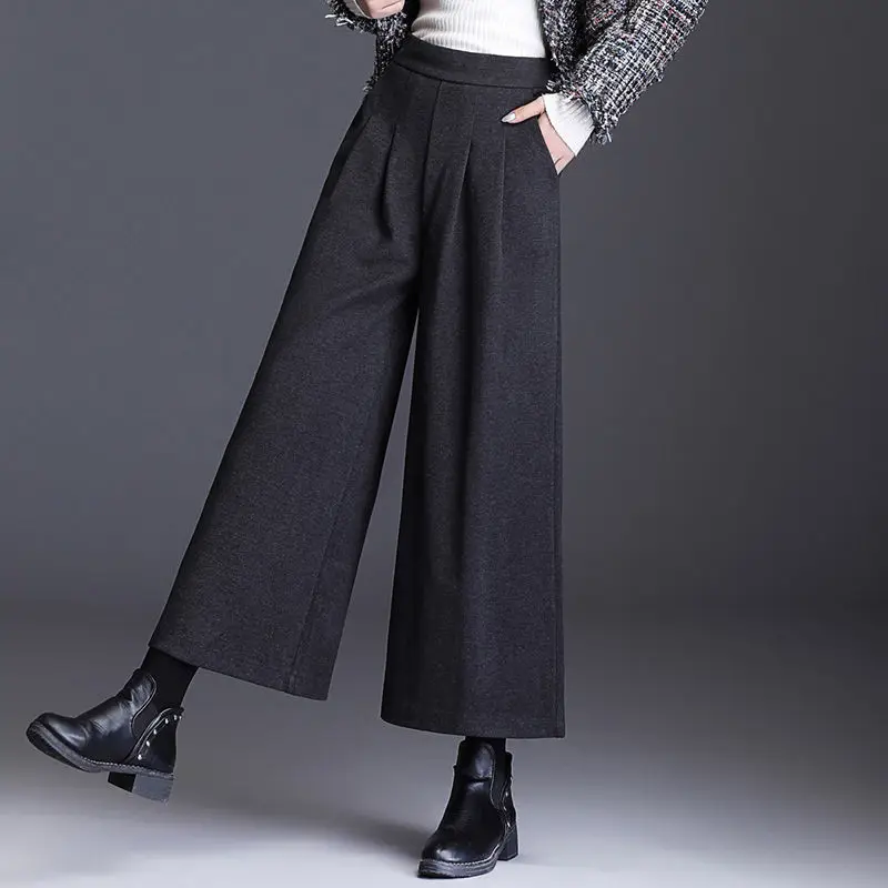 Vilnos mišinys Plačios kojų kelnės moterys krenta žiema aukštas juosmuo kulkšnies ilgio kelnės oversized baggy tiesios kelnės korėjietiškas laisvalaikio spodnie