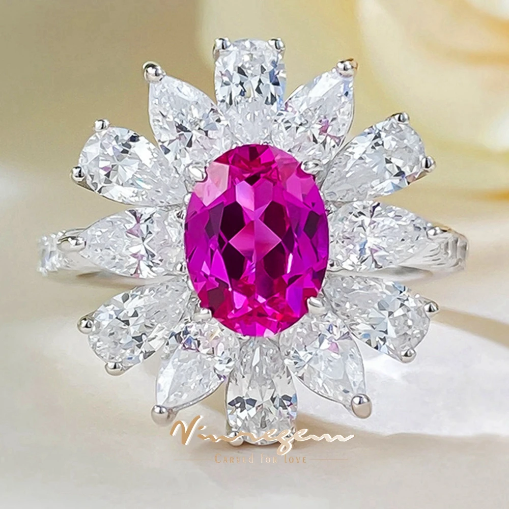 Vinregem 6*8 MM Ovalo formos pjaustytas rubinas Didelis anglies deimantas Brangakmenis Romantiškas 925 svarų sterlingų sidabro sužadėtuvių gėlių žiedai Papuošalų dovanos