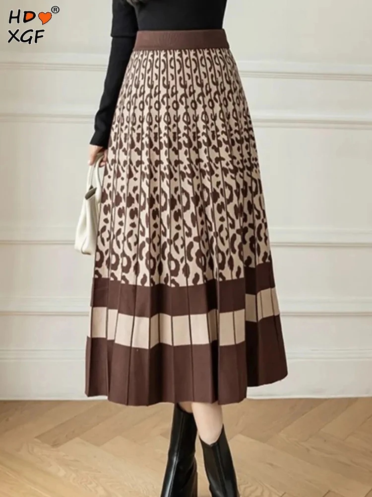 Vintažinis spausdinimas plius dydis 40-80kg Megzti sijonai Moterys Elastinės aukštu juosmeniu A linijos skėtinis sijonas Gatvės apranga Elegantiški ilgi sijonai