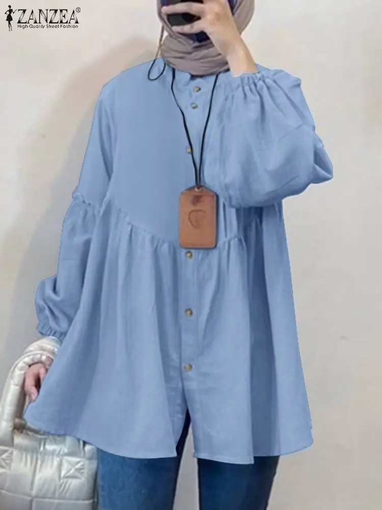 ZANZEA 2023 Mada Musulmoniška palaidinė Vintažiniai moteriški marškiniai ilgomis rankovėmis Dubajus Abaya rudens darbo viršūnės Priežastinis laisvas Turkija Hijabas Blusas