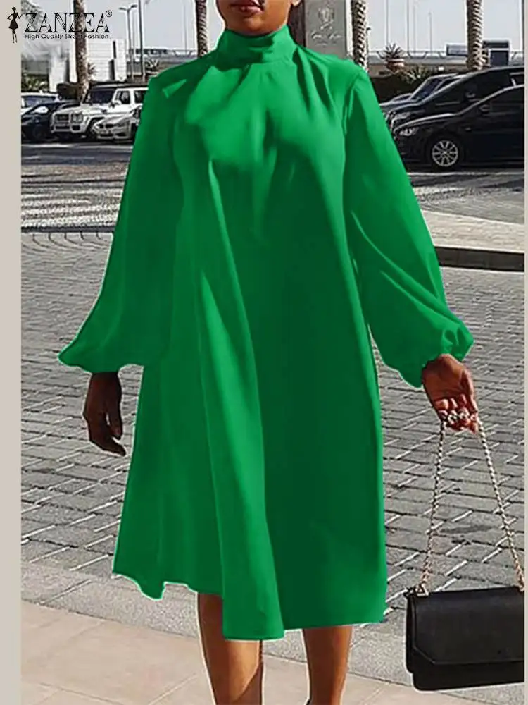 ZANZEA Moterys Suknelė aukštu kaklu Gatvės apranga Mada A-line suknelė iki kelių Ilga pūsta Sleeeve Vestidos Laisvalaikio laisvi paprasti chalatai