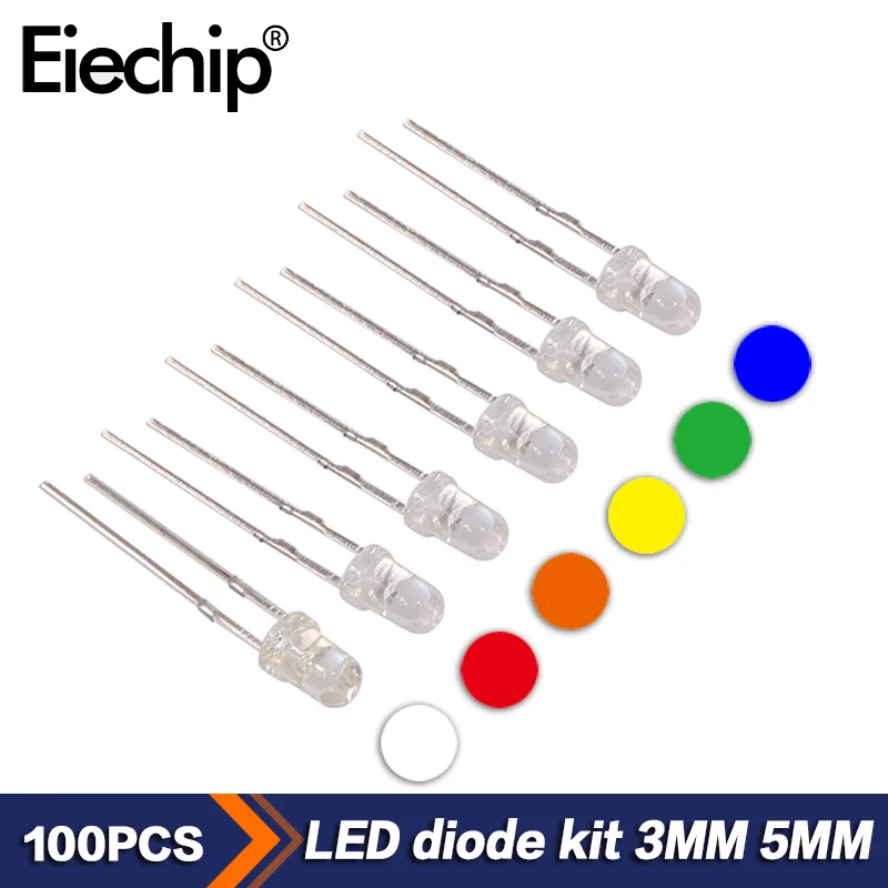 100PCS/LOT 3MM 5MM šviesos diodas F3 F5 LED diodų rinkinys Raudona žalia Mėlyna Geltona Oranžinė Elektroniniai komponentai