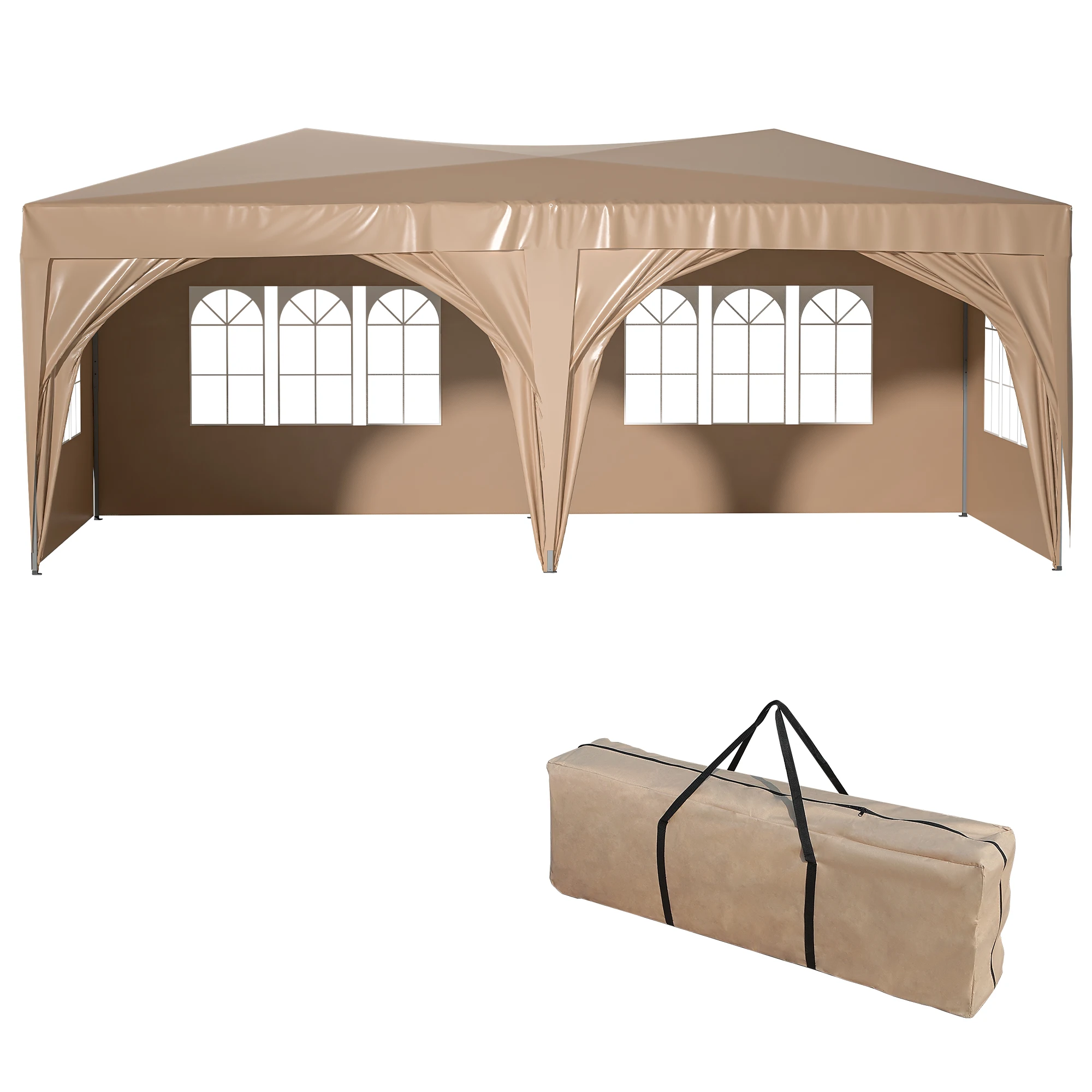 10'x20' Pop Up Canopy lauko nešiojama vakarėlio sulankstoma palapinė su 6 nuimamomis šoninėmis sienelėmis + nešiojimo krepšys + 6vnt svorio krepšys smėlio spalvos