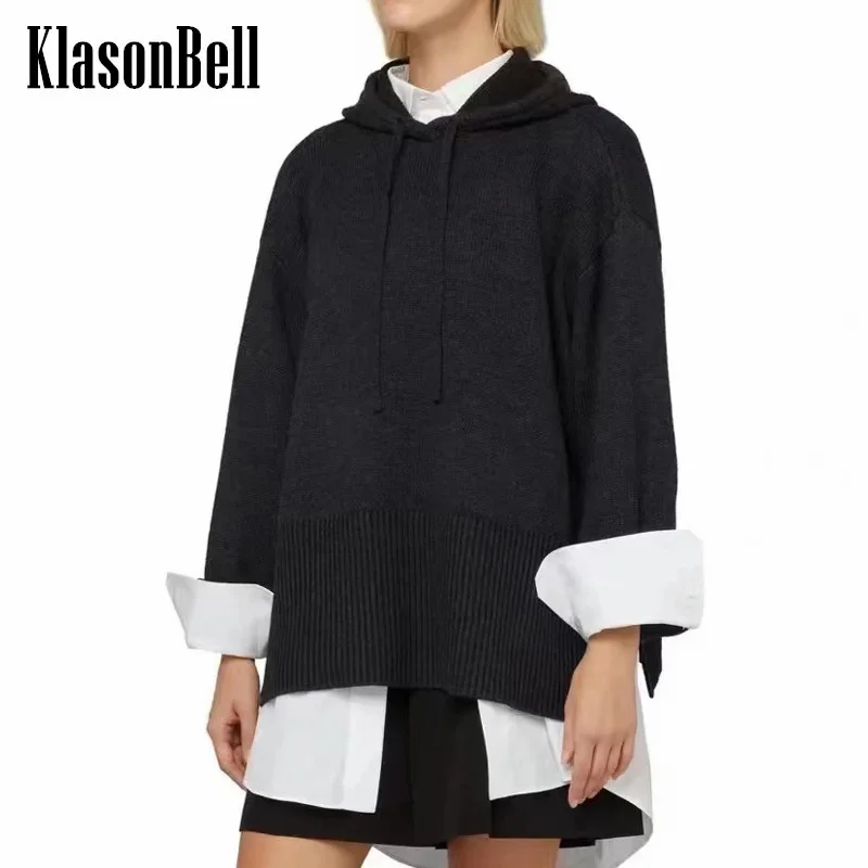 12.27 KlasonBell Solid Color Loose Hooded Lace-up Hem Split Megztas megztinis Women Casual Chic Pullover Hoodie 2 Color