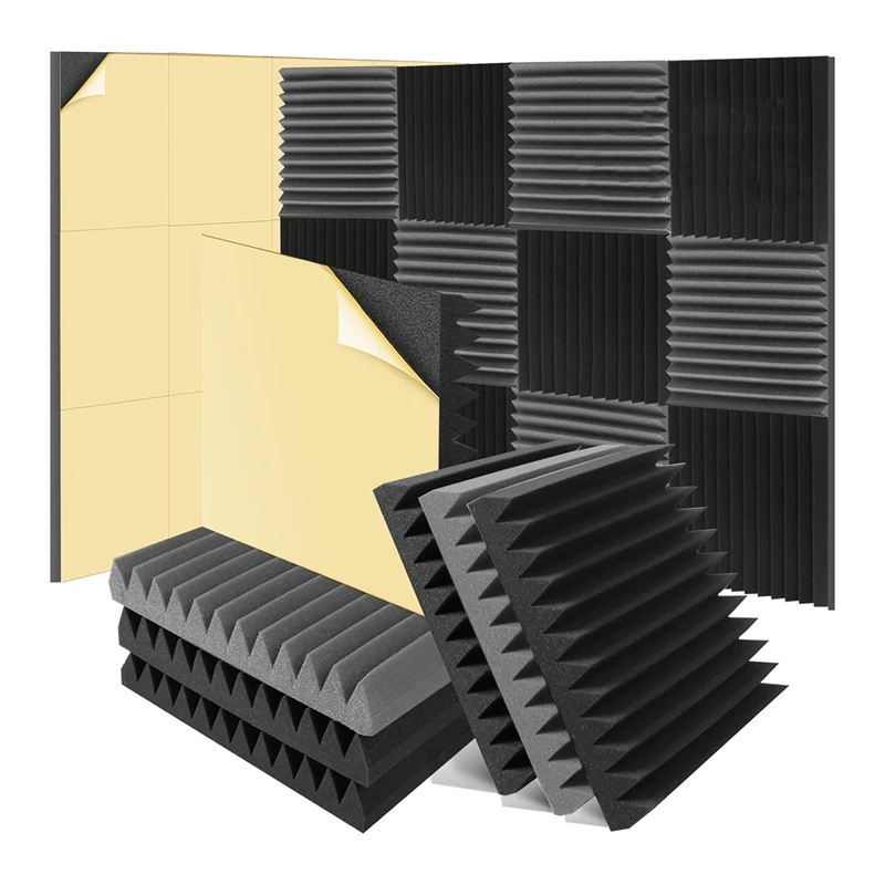 12 pakuotė 2X12x12inch garsui nepralaidžios sienų plokštės Lipnios pleišto garsui atsparios putų plokštės namų studijos biurui, juoda ir pilka