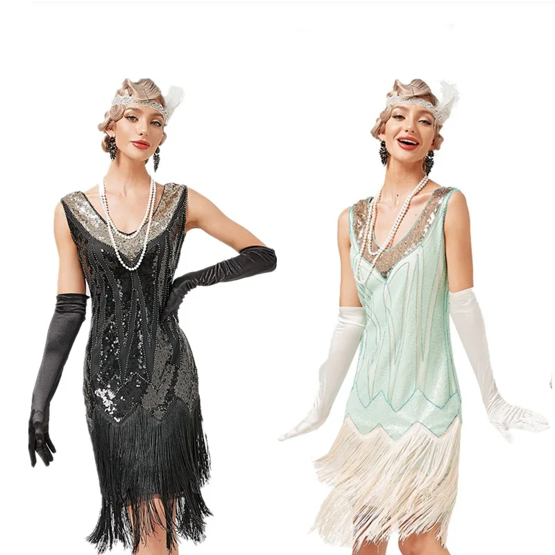 1920S V Apykaklės puokštė Europos ir Amerikos retro Gatsby kostiumas Lotynų šokių kamuolys Blizgučių karoliukų suknelė