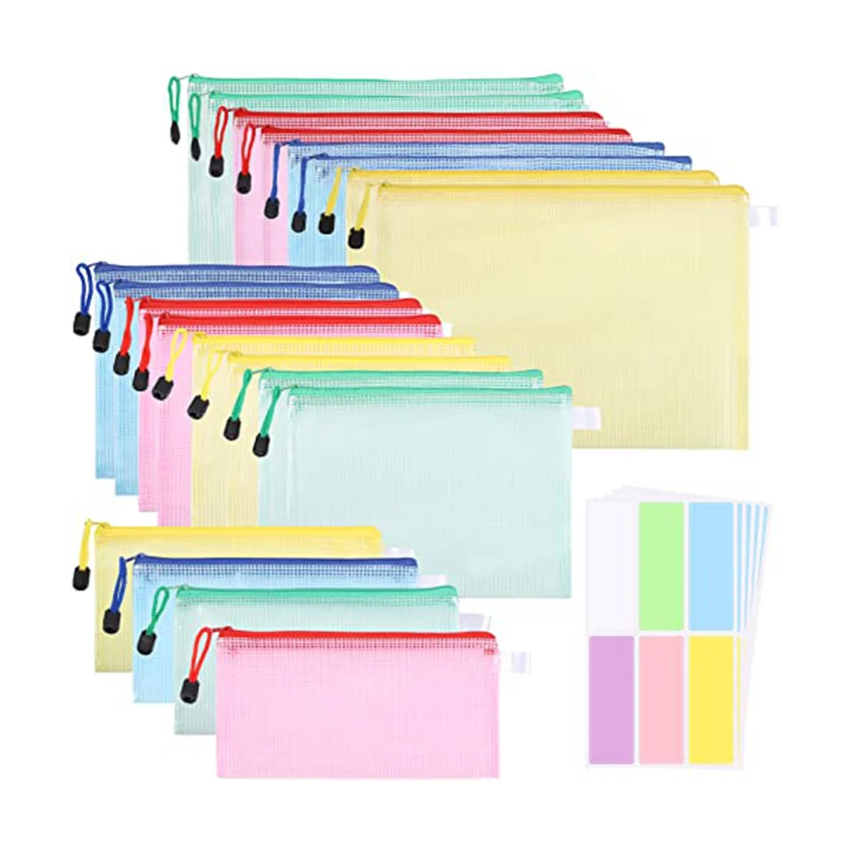 20 Pack Document Bags A4+A5+A6, File Folder Plastic Zip Pocket Zipper Pocket Mesh maišelis su užtrauktuku (4 spalvų)