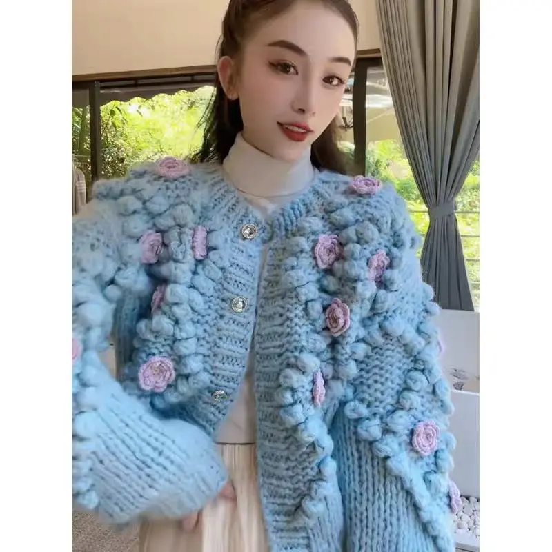 2023 Madingos sagos Megztas megztinis Moteriškas Vintažinis megztinis O-Neck Tops Korėjietiško stiliaus laisvi paltai ilgomis rankovėmis Žieminiai paltai X170