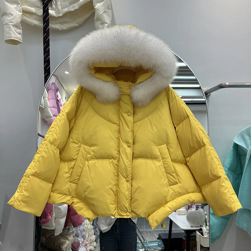 2023 Naujas moteriškas žieminis paltas Balta antis Apatinė striukė su didele tikra lapės kailio apykakle Moteriškas laisvas viršutinis drabužis Madingas paltas