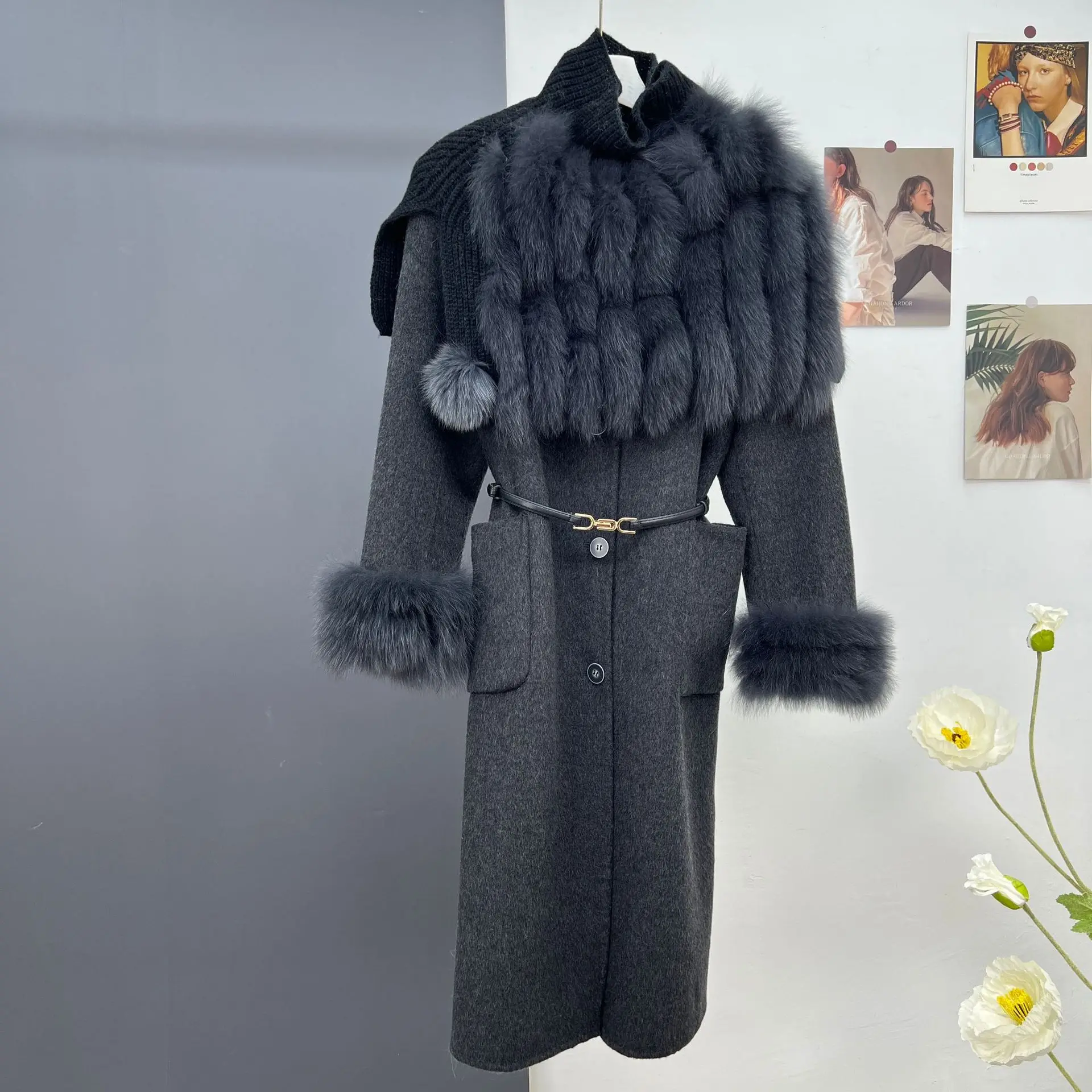 2023 Naujas rudens/žiemos vilnos dvigubo veido paltas Moteriškas ilgas lapės kailis Skara Slim Fit kailis