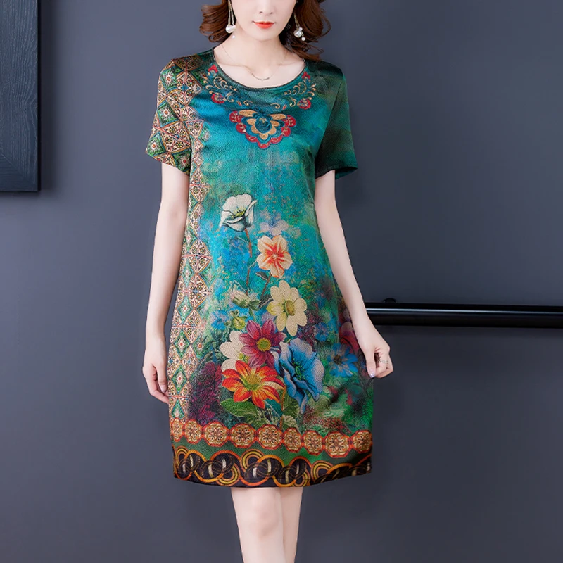 2023 Naujos mados siuvinėjimas Gėlių natūralus šilkas Midi suknelė Moterys Elegantiška Bodycon laisvalaikio suknelė Vasarinė korėjietiška vintažinė vakarėlio suknelė