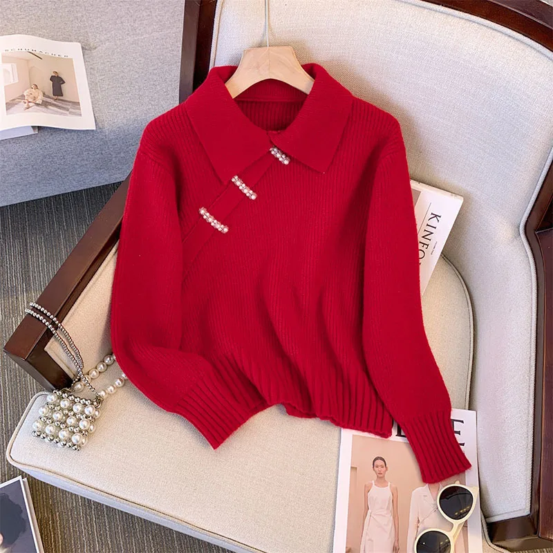 2023 Rudens žiemos biuras Lady Mezgimo megztiniai Megztiniai ilgomis rankovėmis Laisvalaikio džemperiai Moteriški prabangūs vienspalviai Polo apykaklės megztinio viršus