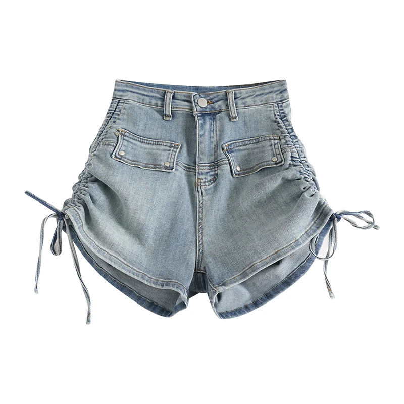 2023 Vasaros nauji šoniniai kišeniniai šortai su raišteliu Korėjiečių mada Aukštas juosmuo Plonas džinsinis audinys A-line Trumpi džinsai moterims Trend Streetwear