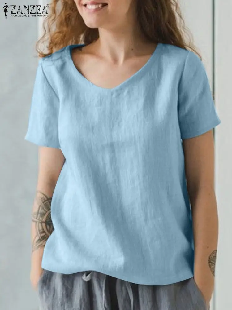 2023ZANZEA Vasaros mados marškiniai Moteriški trumpomis rankovėmis O-Kaklas Vienspalvė palaidinė Moteris Elegantiškos laisvalaikio viršūnės Laisvi atostogų chemizai