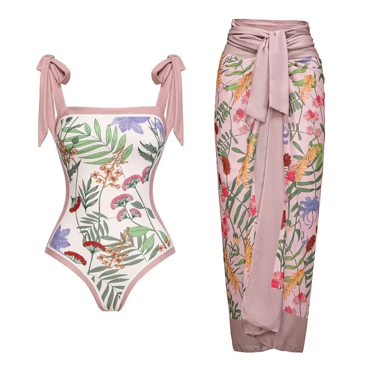2024 Kaklaraištis pečiais Atspausdintas rožinis vientisas maudymosi kostiumėlis ir Sarongo moteriški maudymosi kostiumėliai Paplūdimio apranga Monokini maudymosi kostiumo bikinio komplektas