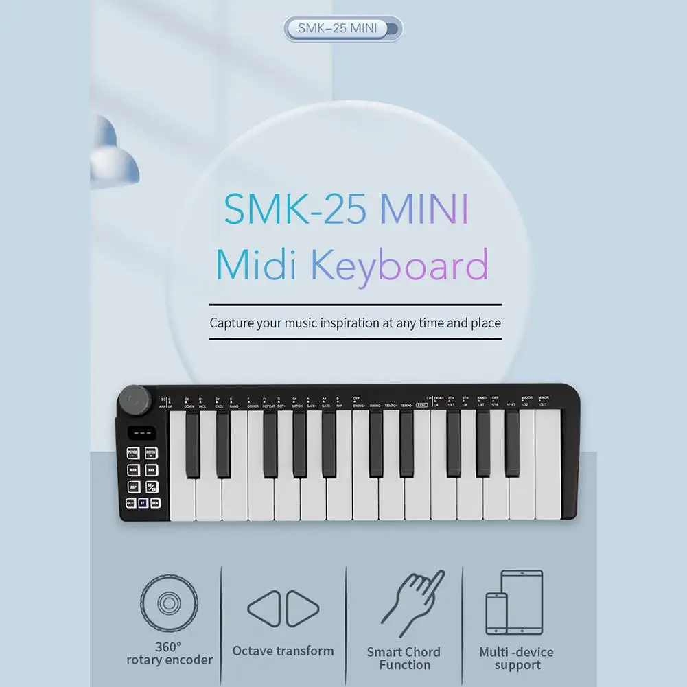 25 Klavišas USB MIDI klaviatūros valdiklis mini klaviatūra MIDI valdiklis su išmaniaisiais akordų skalės režimais Arpeggiator muzikos kūrimui