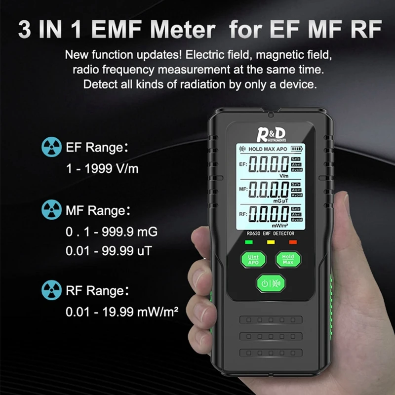 3-in-1 elektromagnetinio lauko spinduliuotės detektoriaus testeris EMF matuoklis daugiafunkcinis nešiojamasis radijo dažnio įspėjimo matuoklis