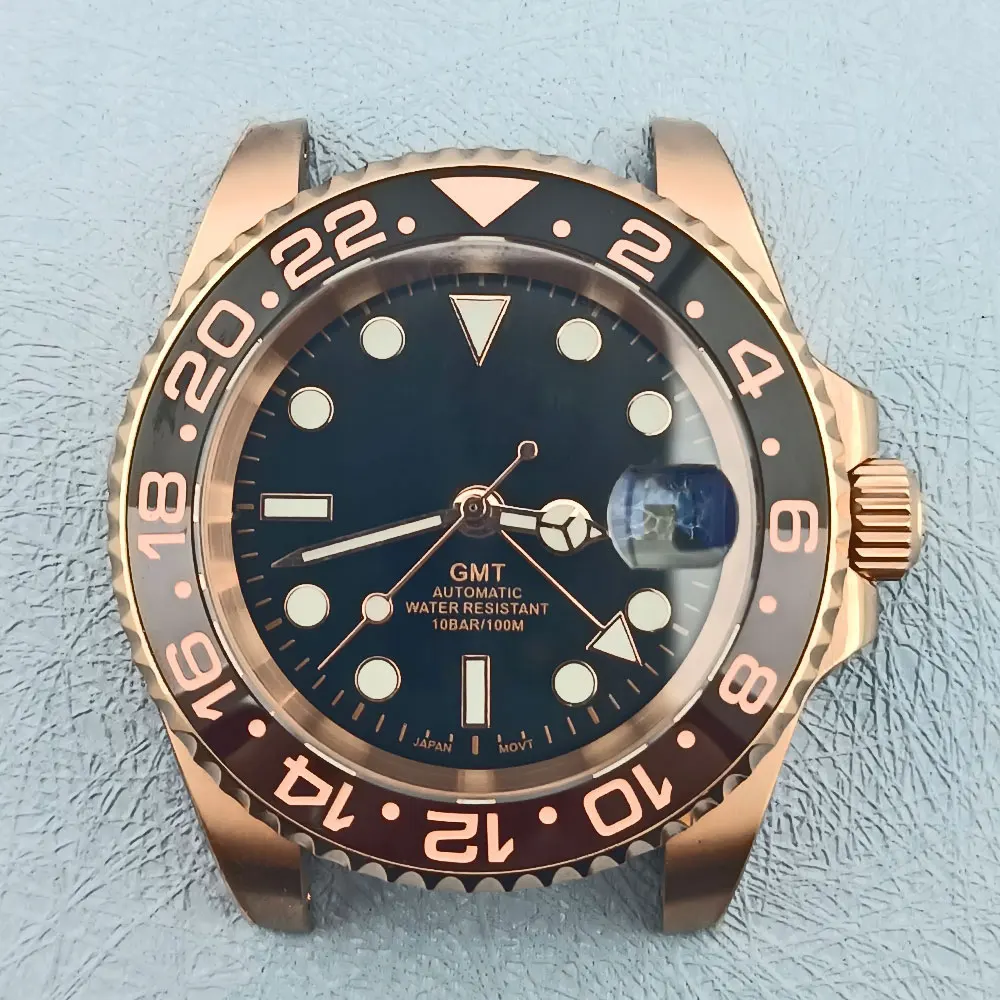 40mm rožinio aukso laikrodžio dėklas GMT nh34 judesio laikrodžio dėklas 20BAR vandeniui atsparus 316L nerūdijančio plieno safyro stiklas tinka nh35 nh36