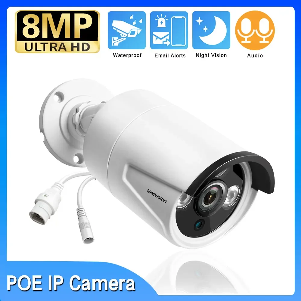 4K 8MP POE CCTV apsaugos stebėjimo kamera lauko gatvės vandeniui atspari IP kulkos kamera HD 5MP POE stebėjimo kameros garso įrašas