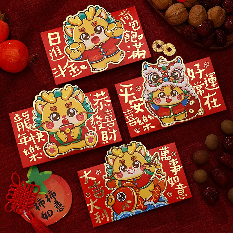 4Vnt 2024 Kinijos drakono metai Raudonas vokas Kūrybinis pavasario festivalis Gimtadienis Vestuvės Vaikų dovana Laimingi pinigai Vokai Raudonas paketas