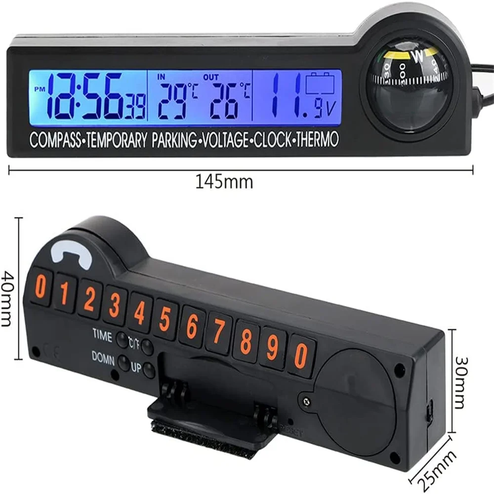 5 in 1 Laikrodžio kalendorius Kompasas Termometas Automobilis Laikina automobilių statymo kortelė Daugiafunkcis LCD ekranas Įtampos testeris 12V