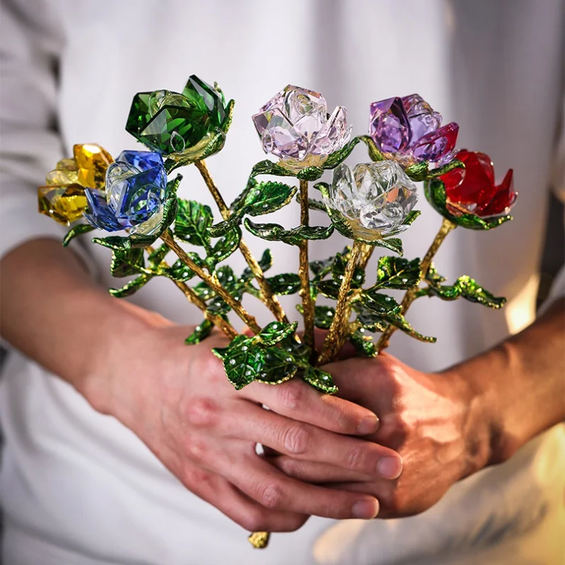 5 Spalvos Krištolo rožės gėlių figūrėlės Stiklo popieriaus svoris Amatų vestuvės Valentino dienos dovanos Namų stalas Dekoras Papuošalai Dėžutė