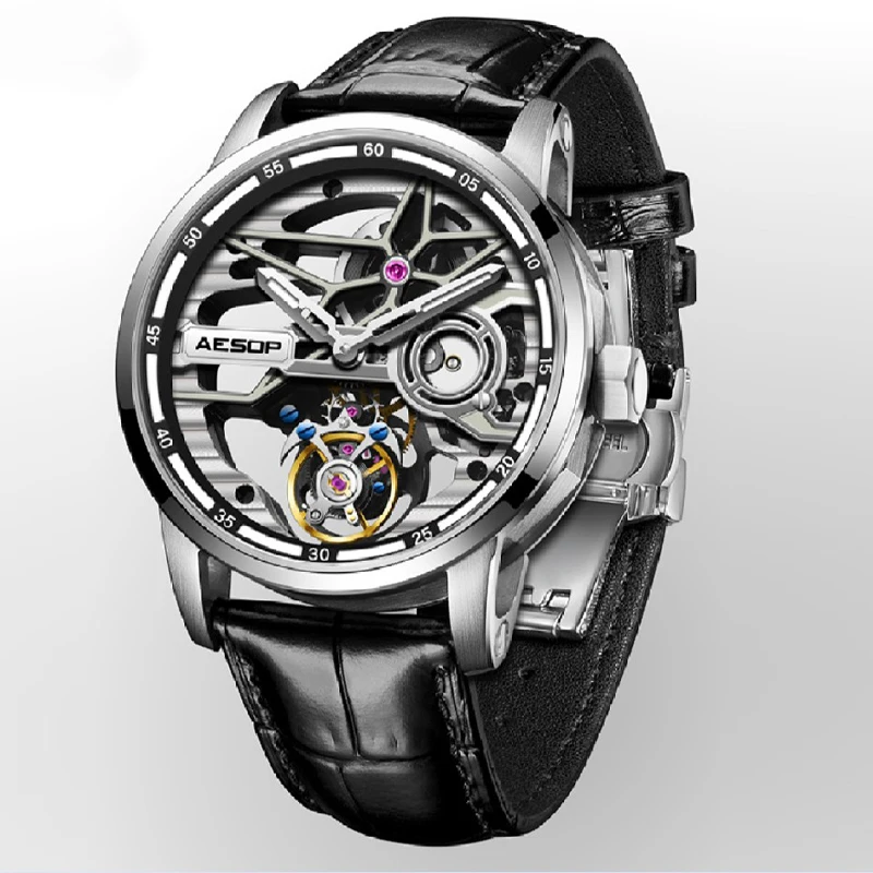 AESOP dvipusis tuščiaviduris skeleto smagratis Tourbillon laikrodis Rankinis mechaninis vyriškas rankinis laikrodis Safyras Šviečiantis vandeniui atsparus laikrodis