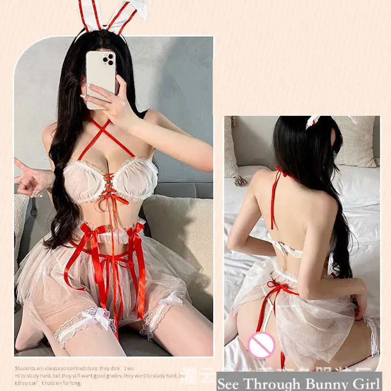 Anime Porn Cosplay Bunny Girl kostiumai pamatyti per raudoną kaspiną Liemenėlė Mini sijono rinkinys Seksualus saldus triušio kostiumas Moterys Furry Dress Up