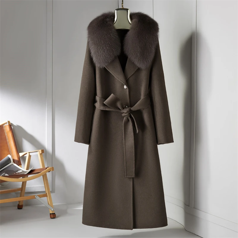 Aorice Women Winter Wool Blends Coat Jacket 2021 New Femail Girl Long Real Fox Fur Coats Parka Trench Z21181