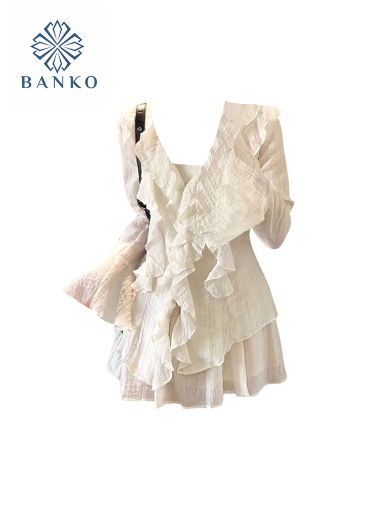 Aukštos kokybės prabangūs balti drabužiai 2 dalių sijonų komplektas Paprastos palaidinės V formos kaklu + elastingas juosmuo A linijos sijonas Mori Girl Rudens žiema