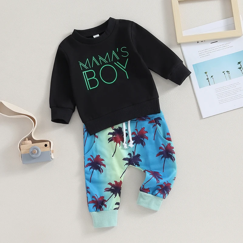 Baby Boy 2 dalių apranga Letter Print džemperis ilgomis rankovėmis ir medžio atspaudo kelnės mažylio rudens drabužiams
