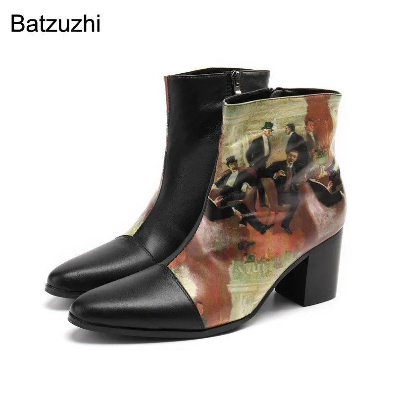 Batzuzhi Britų stiliaus vyriški batai Smailus pirštas Mados asmenybė Juodas Spausdinti Trumpi batai Vyrai Riteris/Vakarėlis/Šou Botas Hombre!